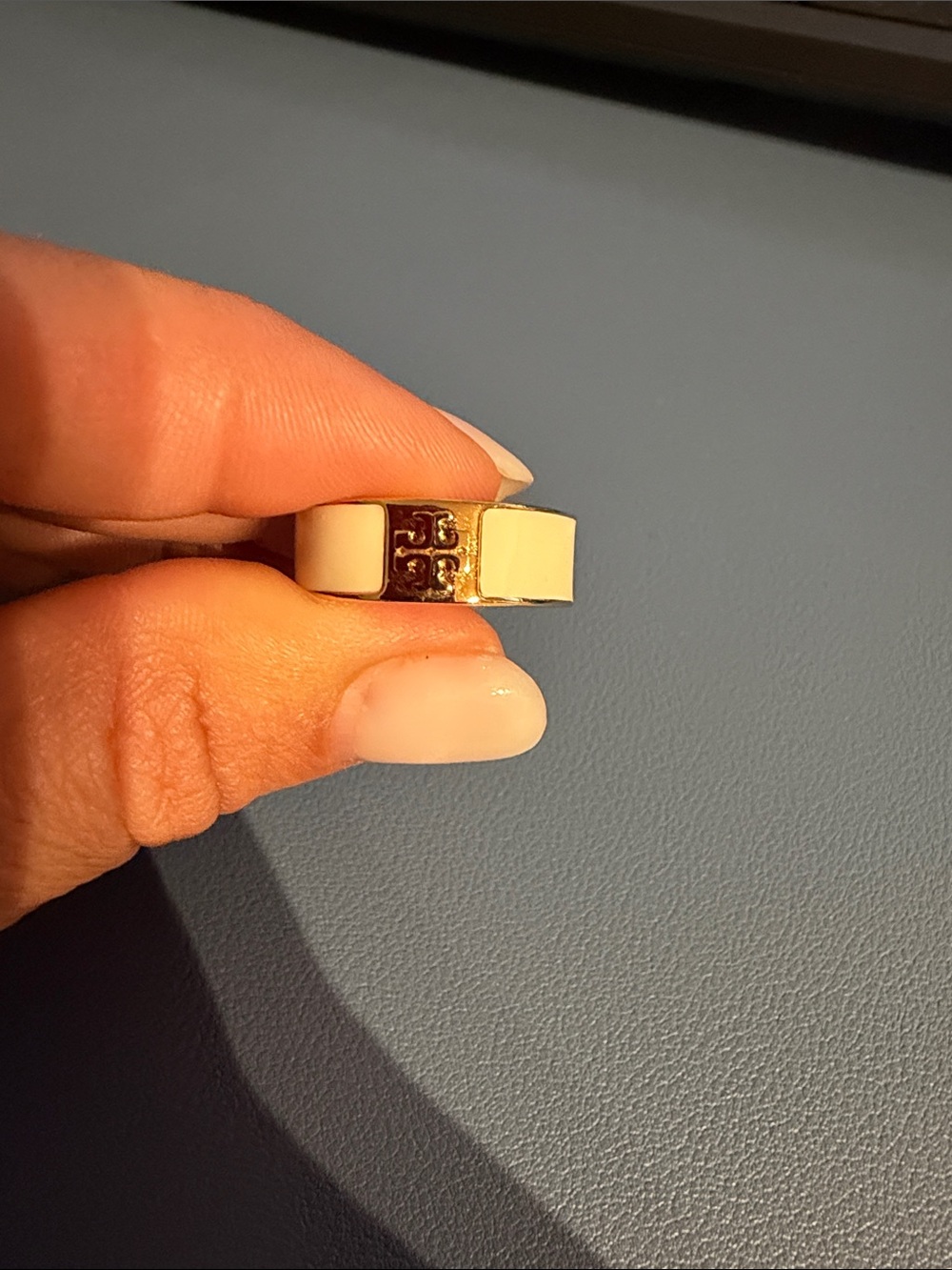 Tory Burch Cream Enamel Ring with Gold Logo Accent